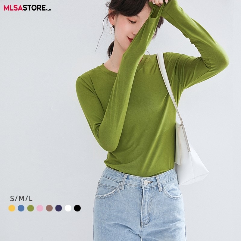 2024 Brand New Autumn Women's T-shirt Round-collar Long-sleeved T-shirt for Female Solid Color Leisure Tops T-shirt